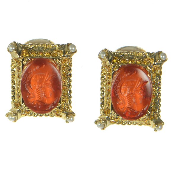 Vintage Kenneth Jay Lane KJL Pearl & Gold Carved Earrings - Picture 8 of 10